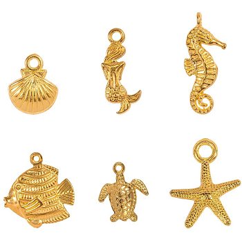Tibetan Style Alloy Pendants, Starfish & Turtle & Sea Horse & Shell & Fish & Mermaid, Golden, 7.4x7.2x1.7cm, 120pcs/box