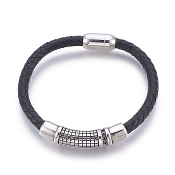 Leather Braided Cord Bracelets, with Stainless Steel Magnetic Clasps and Tube Beads, Antique Silver & Stainless Steel Color, 8-1/2 inch(21.7cm), 6mm