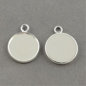 Brass Pendant Cabochon Settings, Plain Edge Bezel Cups, Flat Round, Silver Color Plated, Tray: 16mm, 22x18x2mm, Hole: 2.5mm