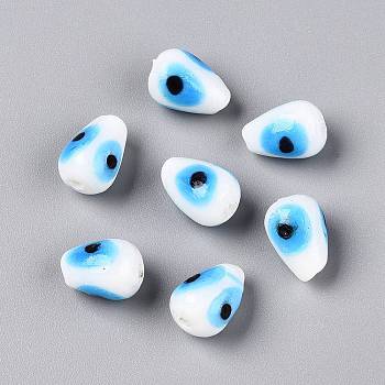 Handmade Evil Eye Lampwork Beads, Teardrop, White, 13~15x9~10.5mm, Hole: 1~1.8mm