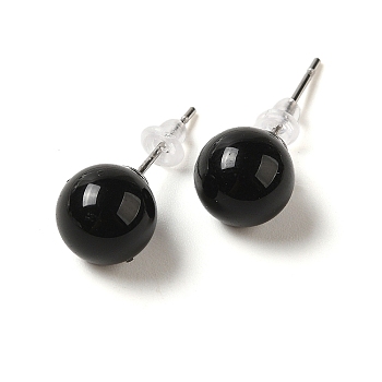 Natural Obsidian Stud Earrings, with Alloy Pins, Round, 20.5x8mm