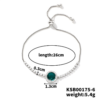 Adjustable Brass Rhinestone Link Slider Bracelets for Women, Emerald, 10-1/4 inch(26cm)