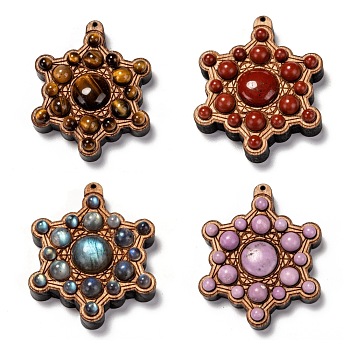 Beech Wood Pendants, with Natural Mixed Gemstone Beads, Star, 45x36.5x11.5mm, Hole: 1mm