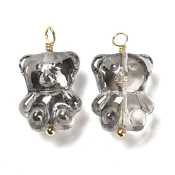 Glass Pendants, with Rack Plating Real 18K Gold Plated Brass Loops, Bear Charms, Gray, 21x12x9mm, Hole: 2mm