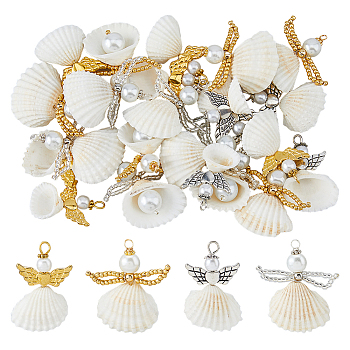 24Pcs 4 Styles Natural Shell Pendants, Angel Charms with Alloy Wings, Seashell Color, Mixed Color, 35~40.5x22.5~31.5x9~12mm, Hole: 1.8~3mm, 6pcs/style
