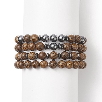 4Pcs 4 Style Natural Wenge Wood & Synthetic Hematite Beaded Stretch Bracelets Set for Women, Camel, Inner Diameter: 2 inch(5.1cm), 1Pc/style