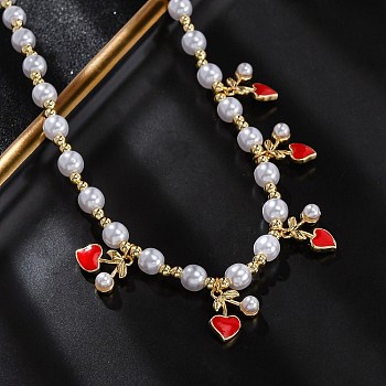 Brass Micro Pave Clear Cubic Zirconia Beaded Necklaces, with ABS Imitation Pearl Beads and Enamel, Cadmium Free & Lead Free, Long-Lasting Plated, Rack Plating, Cherry, 16.77 inch(42.6cm)