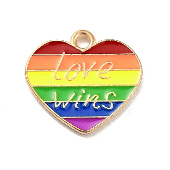 Pride Rainbow Alloy Enamel Pendants, Heart with Word Love Wins, Light Gold, Colorful, 16.5x17.5x1.5mm, Hole: 1.5mm