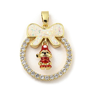 Christmas Brass Micro Pave Cubic Zirconia Pendant, with Enamel and Synthetic Opal, Christmas Wreath, Seashell Color, 25.5x22.5x5.5mm, Hole: 5x3mm