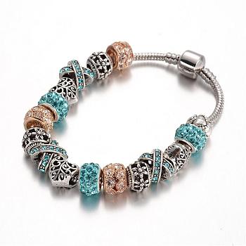 Alloy Rhinestone Bead European Bracelets, with Glass Beads and Brass Chain, Aquamarine, 190mm
