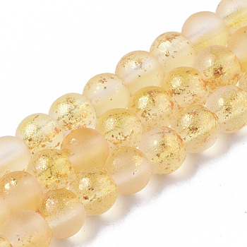 Frosted Spray Painted Glass Beads Strands, with Golden Foil, Round, Gold, 4~5mm, Hole: 0.9~1.2mm, about 95~103pcs/Strand, 13.78 inch~14.88 inch(35~37.8cm)