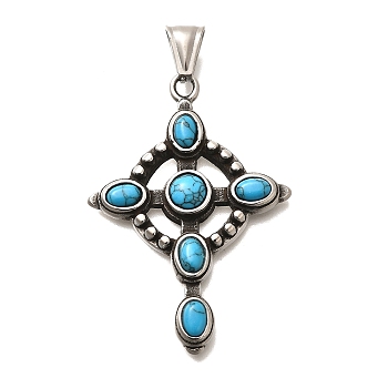 304 Stainless Steel Pave Dyed Synthetic Turquoise Pendants, Cross Charms, Antique Silver, Deep Sky Blue, 50x35x5.5mm, Hole: 7.5x3.5mm