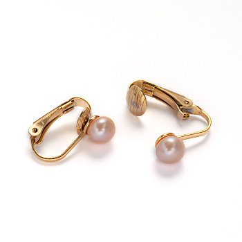 Golden Tone 304 Stainless Steel Freshwater Pearl Clip-on Earrings, PeachPuff, 16x4x14mm