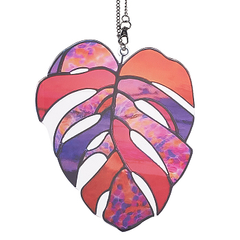 Monstera Leaf Acrylic Pendant Decorations, for Window Home Outdoor Garden Hanging Decorations, with Hook and Hanging Chain, Deep Pink, 197.5x174x3.5mm