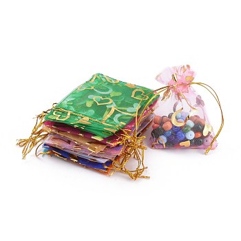 Heart Printed Organza Bags, Gift Bags, Rectangle, Mixed Color, 9x7cm