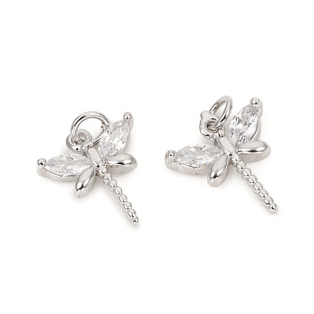 Brass Micro Pave Cubic Zirconia Charms, with Jump Rings, Dragonfly, Clear, Platinum, 11.8x10.5x2.5mm, Jump Rings: 4x0.8mm, 2.5mm Inner Diameter