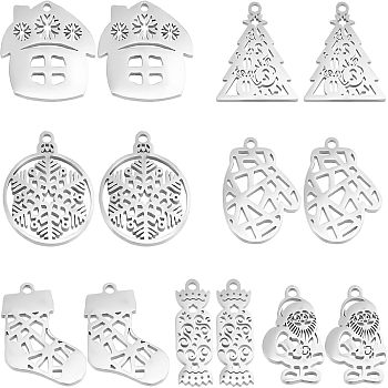 CHGCRAFT 14Pcs 7 Style 201 Stainless Steel Pendants, Laser Cut, Christmas Mixed shape, Stainless Steel Color, 17~19x6.5~17.5x1mm, Hole: 1.4mm, 2pcs/style