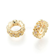 Brass Spacer Beads, with Crystal Rhinestone, Nickel Free, Ring with Flower, Real 18K Gold Plated, 8x3mm, Hole: 4.5mm(KK-N259-50)