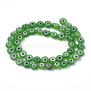 Handmade Evil Eye Lampwork Beads Strands, Flat Round, Green, 7.5x3mm, Hole: 1mm, about 48pcs/strand, 13.7 inch~14.9 inch(LAMP-S191-02B-02)