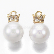 Brass Micro Pave Cubic Zirconia Charms, with Acrylic Imitation Pearl, Nickel Free, Crown, Real 18K Gold Plated, Clear, Seashell Color, 15x10x10mm, Hole: 1.4mm(KK-R132-043-NF)