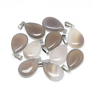 Teardrop Natural Grey Agate Pendants, with Platinum Tone Brass Findings, 25~29x16~17x5~6mm, Hole: 2x7mm(G-Q368-17)