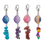4Pcs Shell Shape Alloy Enamel Pendant Decorations, Natural & Synthetic Mixed Stone Chips and Alloy Lobster Claw Clasps Charm, Mixed Color, 68~69mm(HJEW-JM01674)