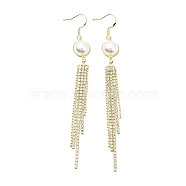 Resin Imitation Pearl with Crystal Rhinestone Dangle Earrings, Brass Long Tassel Drop Earrings for Women, Light Gold, 100mm, Pin: 0.7mm(EJEW-C037-03LG)