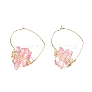 Electroplated Natural Quartz Wire Wrapped Earrings for Girl Women, Golden Heart Brass Hoop Earrings, Pink, 42x35.5x7~9mm, Pin: 0.7mm(EJEW-JE04646-01)