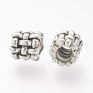 Alloy European Beads with Screw, Imitation Woven Rattan Pattern, Large Hole Beads, Column, Antique Silver,9x9mm, Hole: 4mm(X-PALLOY-R094-18AS)