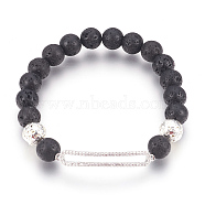 Stretch Bracelets, with Long-Lasting Plated Electroplated Natural Lava Rock, Natural Lava Rock and Brass Cubic Zirconia Beads, Rectangle, Platinum & Silver, 2-1/8 inch(5.4cm)(BJEW-G601-08P)