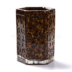Resin with Natural Tiger Eye Chip Stones Pen Holder, Home OFFice Tabletop Decoration, Hexagon, 109.5x84x80mm; Inner Diameter: 63x56.5mm(DJEW-F015-02C)