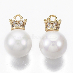 Brass Micro Pave Cubic Zirconia Charms, with Acrylic Imitation Pearl, Nickel Free, Crown, Real 18K Gold Plated, Clear, Seashell Color, 15x10x10mm, Hole: 1.4mm(KK-R132-043-NF)