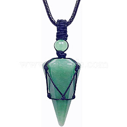 Natural Green Aventurine Cone Pendant Necklaces, Wax String Macrame Pouch Necklace, 20.08~31.50 inch(51~80cm)(PW-WG75823-02)