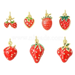 7Pcs 7 Styles Rack Plating Brass Micro Pave Cubic Zirconia Pendants, with Enamel & Jump Ring, Cadmium Free & Lead Free, Long-Lasting Plated, Strawberry, Real 18K Gold Plated, 11~21.5x9~13x2~5mm, Hole: 3~3.5mm, 1pc/style(KK-CJ0003-68)