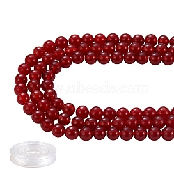 DIY Jewelry Bracelet Making Kits, 3 Strands 8mm Dyed Round Natural White Jade Beads and Flat Elastic Thread, Red, 8mm, Hole: 1mm, about 49pcs/strand, 15.16''(38.5cm), 3strands/set(DIY-SZ0003-69I)