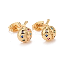 Colorful Cubic Zirconia Ladybug Stud Earrings, Real 18K Gold Plated Brass Jewelry for Women, Cadmium Free & Lead Free, Real 18K Gold Plated, 10.5x7.5mm, Pin: 0.7mm(EJEW-G288-26G)
