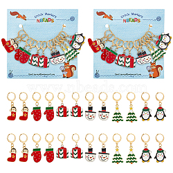 Alloy Enamel Tree & Gifts Box & Penguin & Snowman & Stocking & Glove Pendant Locking Stitch Markers, Zinc Alloy Lobster Claw Clasp Stitch Marker, Mixed Color, 2.4~2.8cm, 6 style, 2pcs/style, 12pcs/set(HJEW-AB00066)