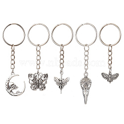 Tibetan Style Alloy Pendant Keychains, with Iron Split Key Rings, Antique Silver, 6.55~8.6cm(KEYC-JKC00704)