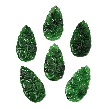 Natural Myanmar Jade Dyed Cabochons, Carved Leaf, Green, 32.5~33x17~17.5x3~3.5mm