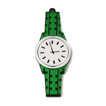 Acrylic Big Pendant, Clock, Cartoon Watch Charm, Dark Green, 72x27x3.5mm, Hole: 1.6mm