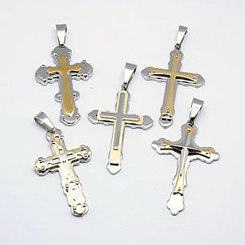 304 Stainless Steel Big Pendants, Cross, Mixed Style, Mixed Color, 62~80x36~43x6~8mm, Hole: 11~15x7~9mm
