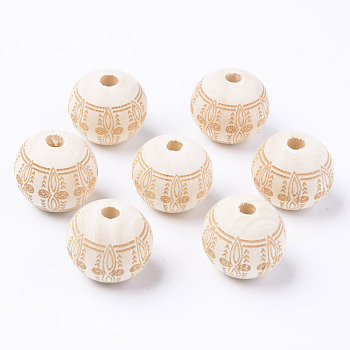 Unfinished Natural Wood European Beads, Large Hole Beads, for DIY Painting Craft, Laser Engraved Pattern, Round, Antique White, 20x18mm, Hole: 4mm