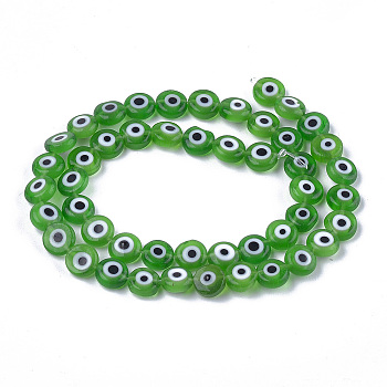 Handmade Evil Eye Lampwork Beads Strands, Flat Round, Green, 7.5x3mm, Hole: 1mm, about 48pcs/strand, 13.7 inch~14.9 inch