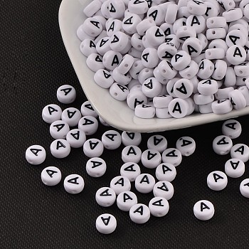 Acrylic Beads, with Horizontal Hole, Letter, Flat Round, Letter.A, 7x4mm, Hole: 1mm, about 146pcs/20g