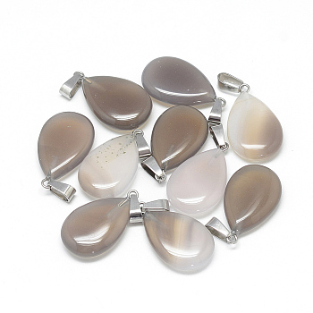 Teardrop Natural Grey Agate Pendants, with Platinum Tone Brass Findings, 25~29x16~17x5~6mm, Hole: 2x7mm