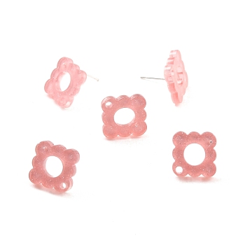 Acrylic Stud Earring Finding, Flower with Gold Foil, Pink, 15x15.5x2mm, Hole: 1.6mm, Pin: 0.7mm