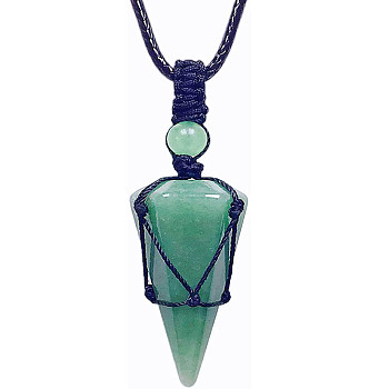 Natural Green Aventurine Cone Pendant Necklaces, Wax String Macrame Pouch Necklace, 20.08~31.50 inch(51~80cm)