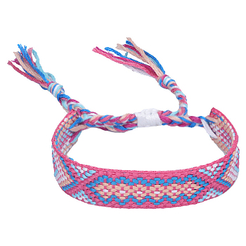 Polyester-cotton Braided Rhombus Pattern Cord Bracelet, Ethnic Tribal Adjustable Brazilian Bracelet for Women, Flamingo, 5-7/8~11 inch(15~28cm)