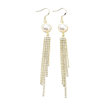 Resin Imitation Pearl with Crystal Rhinestone Dangle Earrings, Brass Long Tassel Drop Earrings for Women, Light Gold, 100mm, Pin: 0.7mm