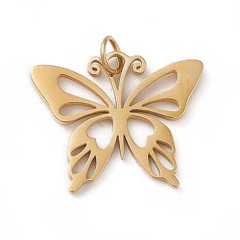 Ion Plating(IP) 304 Stainless Steel Charms, with Jump Ring, Butterfly, Real 14K Gold Plated, 12x15x0.8mm, Hole: 2.5mm